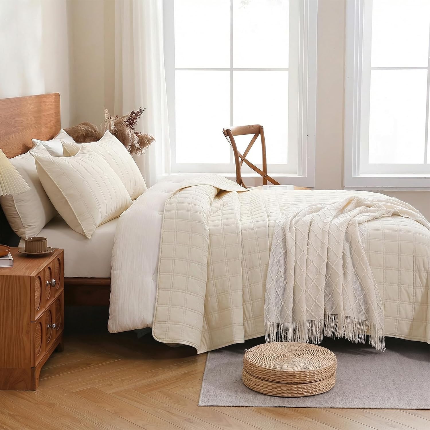 100% Cotton Quilt King Size Bedding Set, 3-Piece Lightweight Bedspread Coverlet Sets with Pillow Shams, Soft Matelasse Geometric Square Striped Quilted Comforter Set for Spring Summer