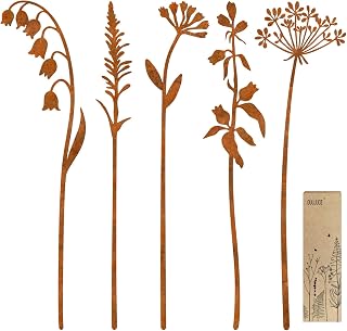 OUUJUOZ Metal Flower Garden Stakes - 5pc Rustic Outdoor Yard Art for Flower Beds, Walkways, Patios & Lawns