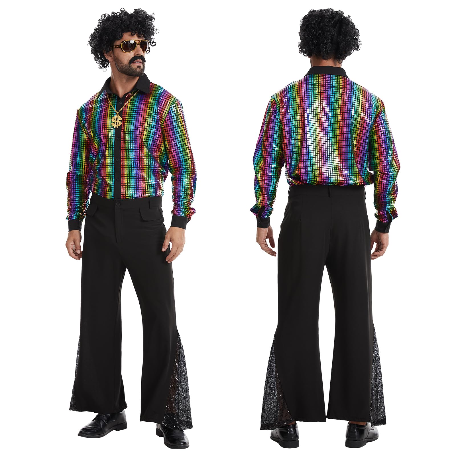 Fantazyjny kostium dla mężczyzn z lat 70. XX wieku, strój retro z akcesoriami na imprezy w stylu retro i Halloween.