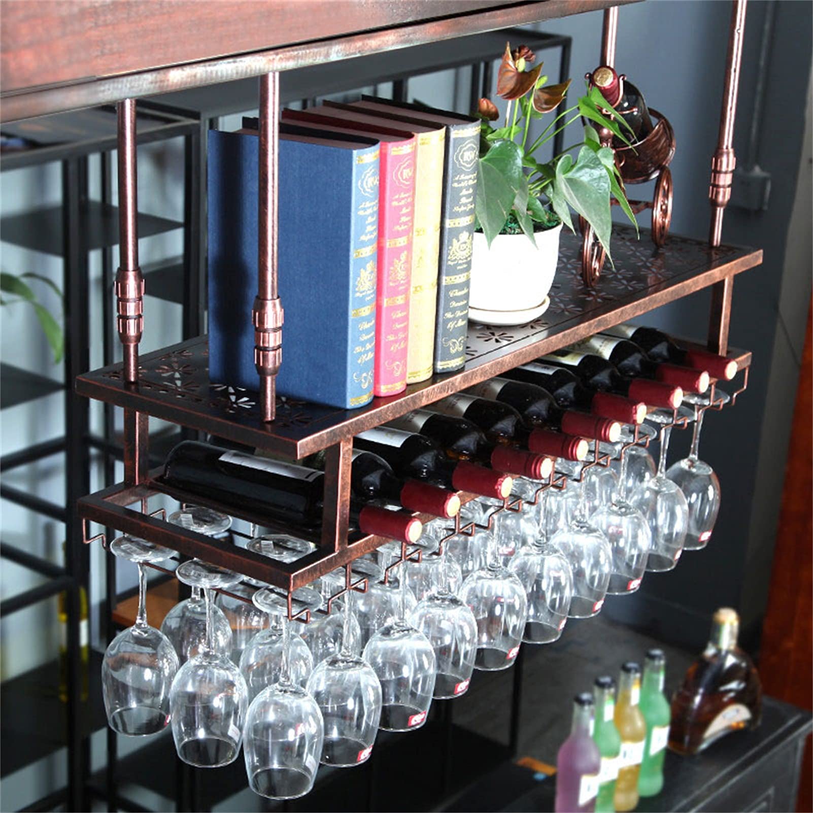 Porte-bouteilles de vin plafond industriel avec étagère verre