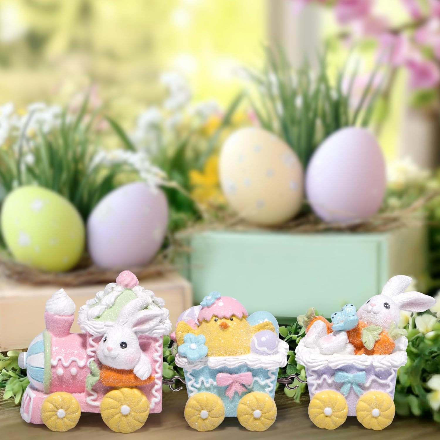 Hodao 9.25" Easter Day Bunny Train Decoration Spring Family Warmth Figurines Spring Bunny Decor Handmade Gingerbread Train Figurines for Home Decor Gifts - Easter Day Party (Multicolor) - Image 6