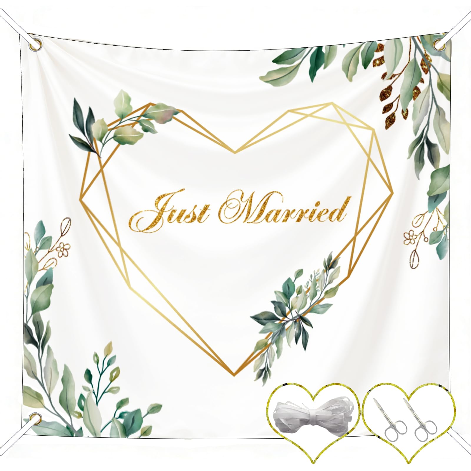 ZUMIKO Hochzeitsherz zum Ausschneiden, Just Married Hochzeitslaken 200x180cm mit Eukalyptus Design, inklusive 2 Scheren und 10m Seil, Hochzeitsspiele Deko für Standesamt
