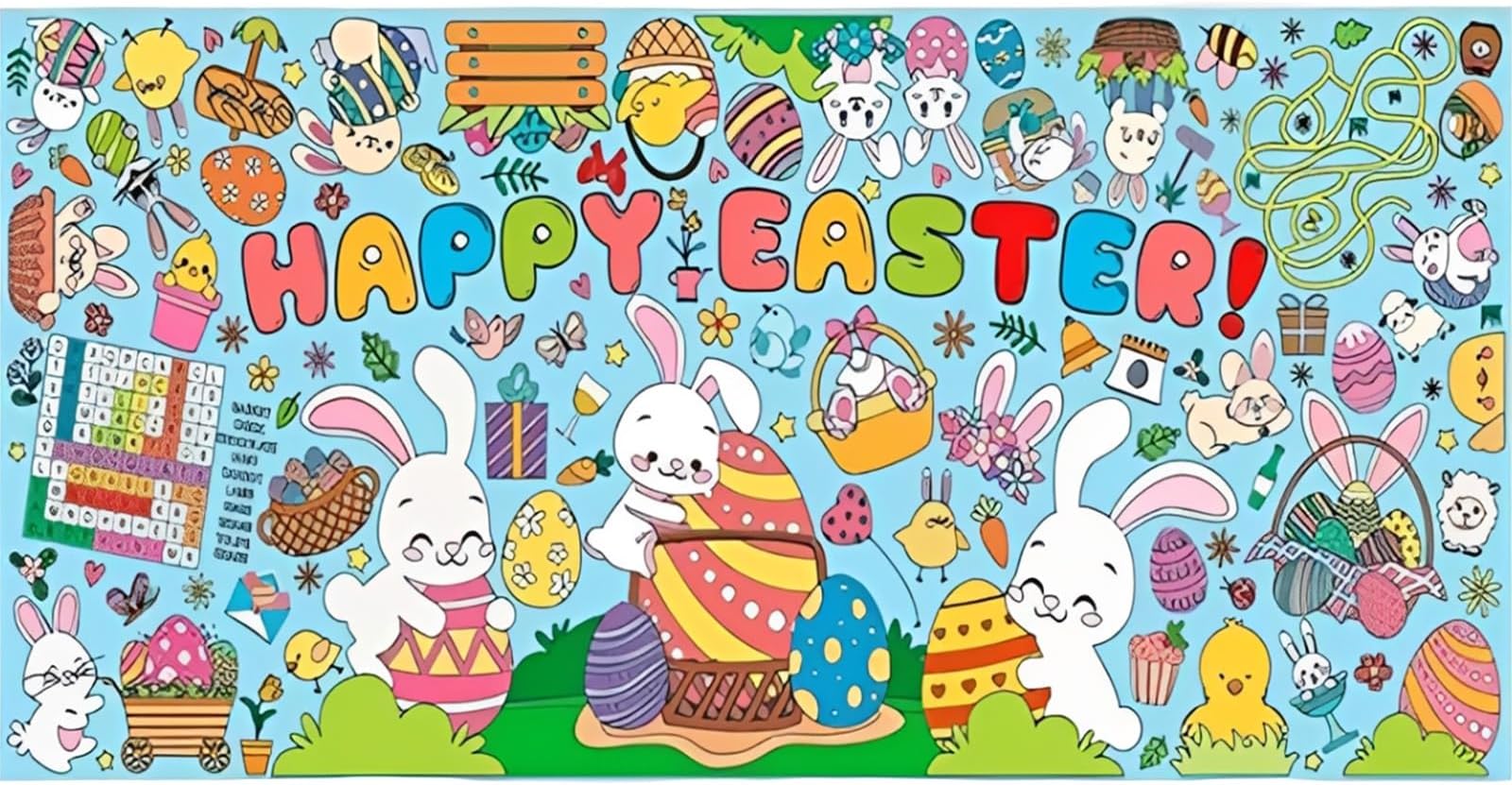 Easter Tablecloth, Easter Table Colouring Poster 183x80cm Large Doodle Craft Mat for Festive Activities