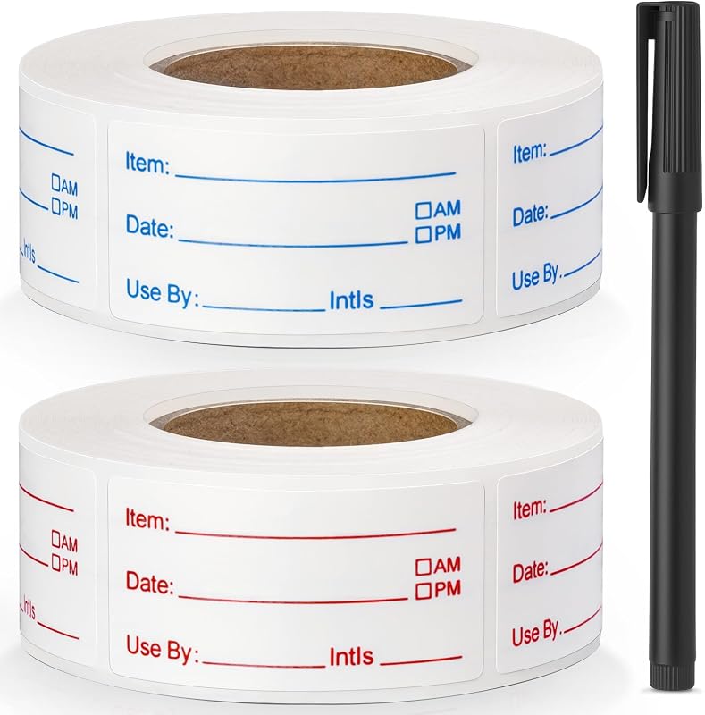 2 Rolls 1000 Pcs Removable Food Labels, 1 x 2 Inch Date Stickers w/Bonus Writing Pen for Freezer Refrigerator Food Containers, Easy to Write on Food Labeling for Food Storage Organization Kitchen Use