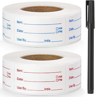 2 Rolls 1000 Pcs Removable Food Labels, 1 x 2 Inch Date Stickers w/Bonus Writing Pen for Freezer Refrigerator Food Containers, Easy to Write on Food Labeling for Food Storage Organization Kitchen Use