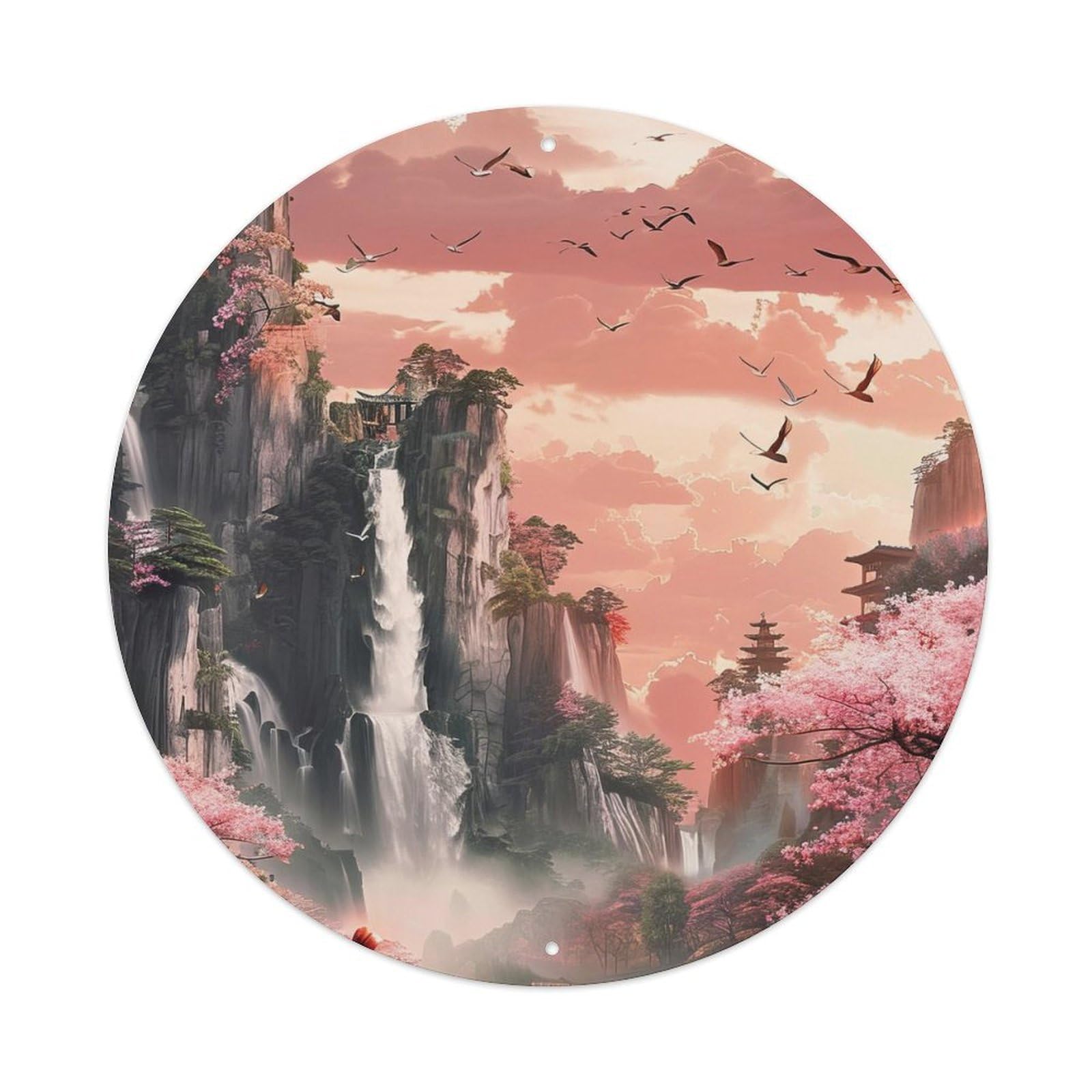 Waterfall Ancient East Asian Architecture Against Falls Vintage Metal Tin Sign