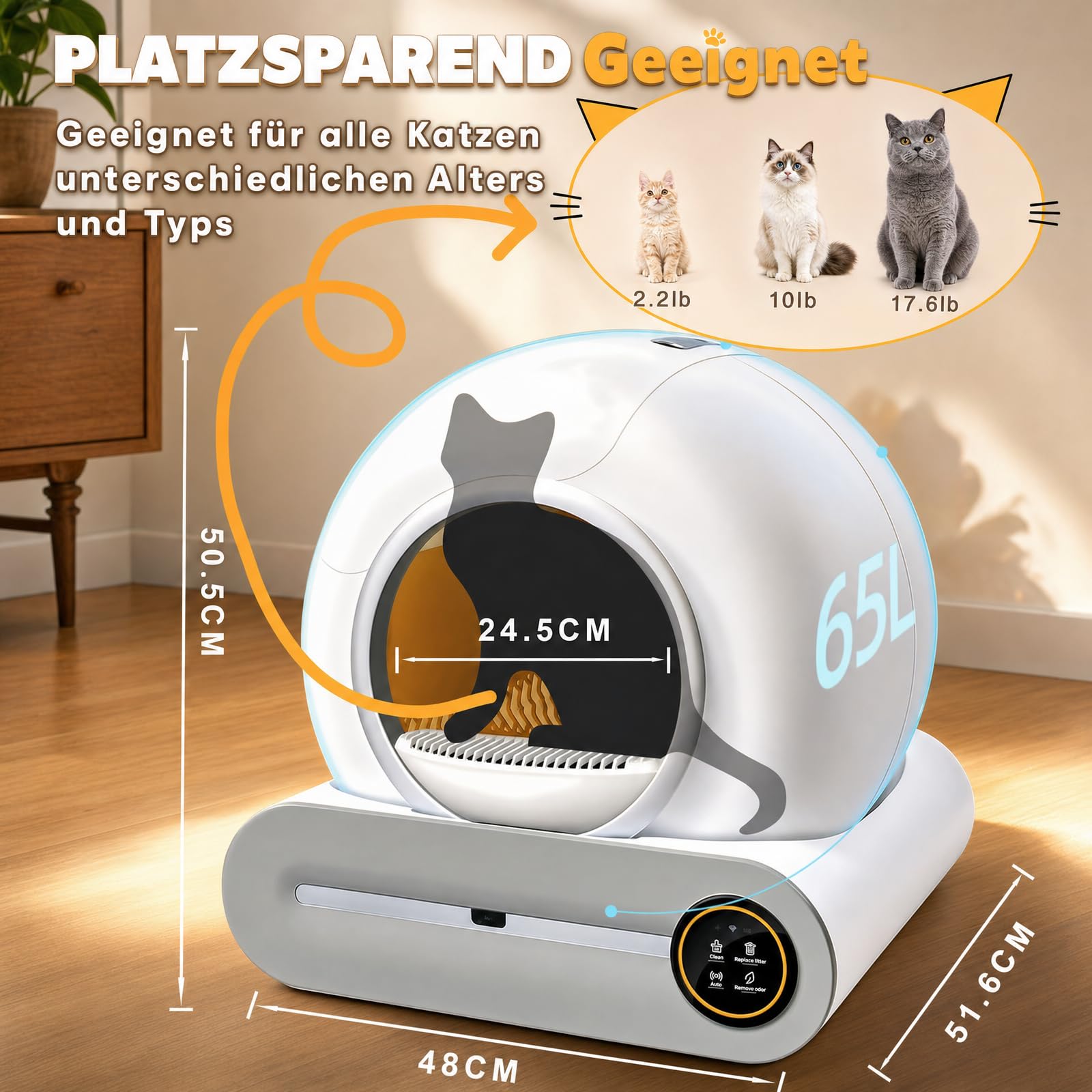 Selbstreinigende Katzentoilette 65L XXL – automatisches Katzenklo mit App-Steuerung,Gesundheitsmonitor & Ionen-Geruchsneutralisierung,inkl. 5 Müllbeutel & 1Matte, für Mehrkatzen katzenklo