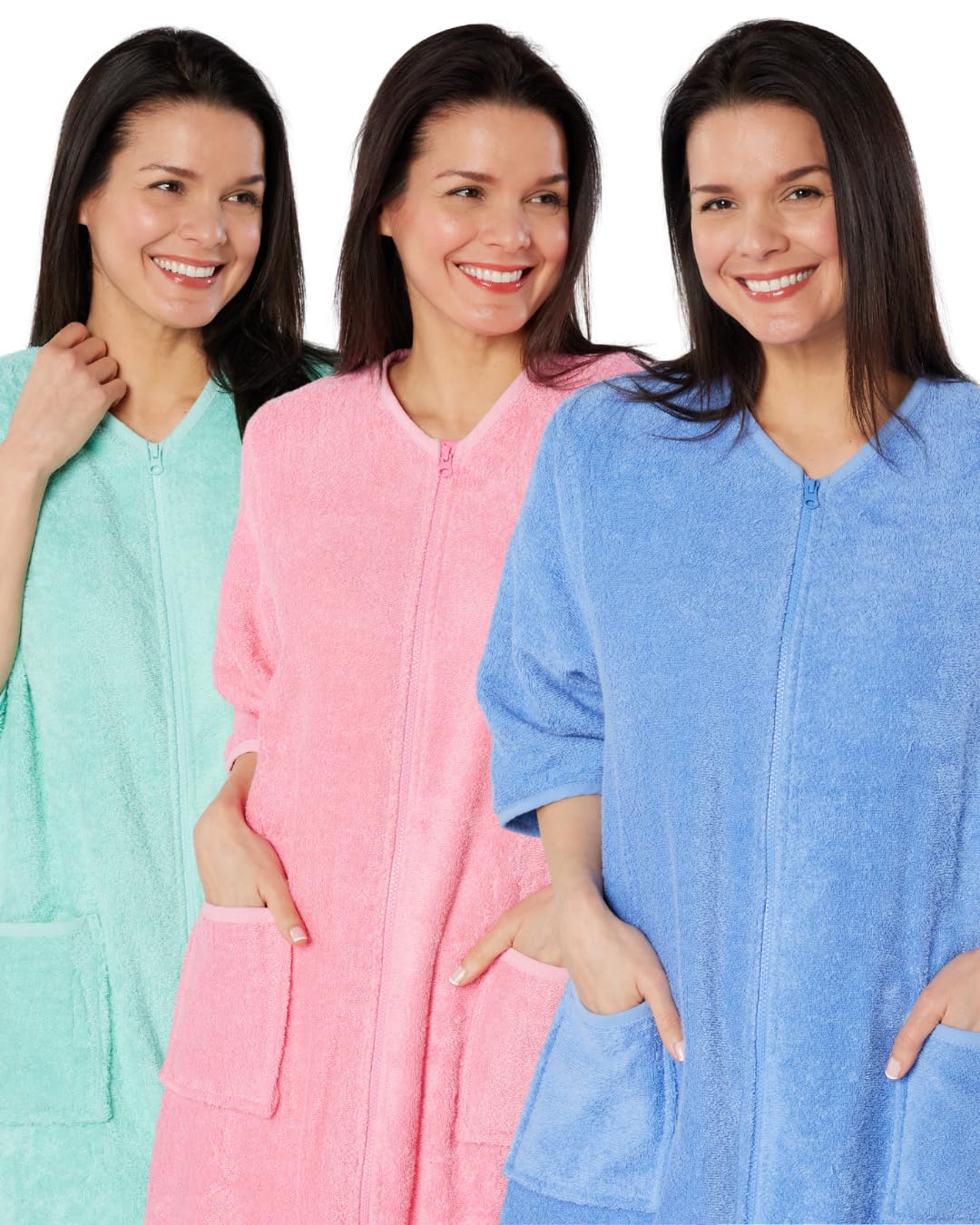 Suzy & Me Peignoir à manches 3/4 avec fermeture éclair 100 % coton pour femme | Manches 3/4, fermeture éclair, tissu éponge, 100 % coton