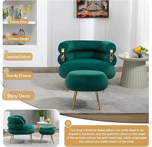 Miniatura 5 de Antetek Silla decorativa moderna de terciopelo con otomana, sillón tapizado con elegante decoración dorada, cómoda silla de descanso para sala de