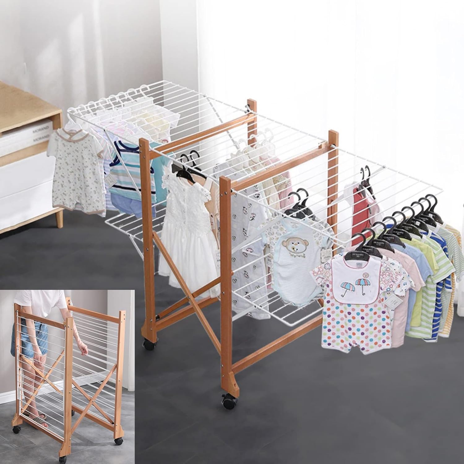 Portable 2-Tier Clothes Drying Rack - Foldable Solid Wood Garment Airer with Casters, Space-Saving Laundry Rack for Indoor/Outdoor Use, Adjustable & Collapsible Design