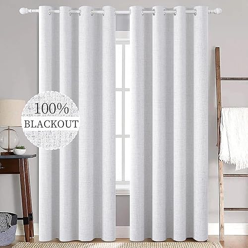 MIULEE White Blackout Curtains Linen Textured for Bedroom Nursery Thermal Insulated Room Darkening Grommet Curtains/Drapes for Living Room Decoration 52x84 Inch Grayish White 2 Panels