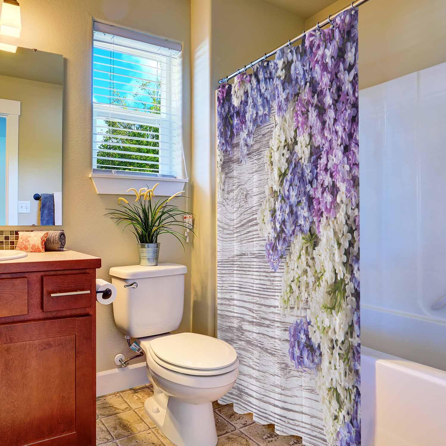 Woutay Shower Curtain Water Repellant Fabric Purple Flowers Bouquet,Mould Proof Resistant,Polyester,with 12 Plastic Hooks - Image 4