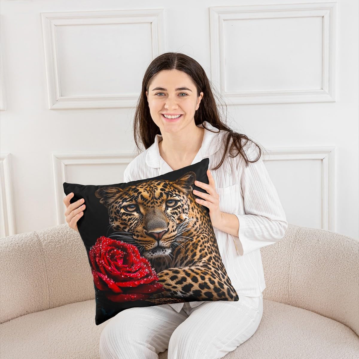 Erosebridal Leopard Throw Pillow Cover, Red Rose Pillow Cover Safari Animals Print Cushion Cover for Home Bed Sofa Couch, Rose Flowers Jungle Cheetah Decorative Pillow Cover 24X24 for Man and Woman