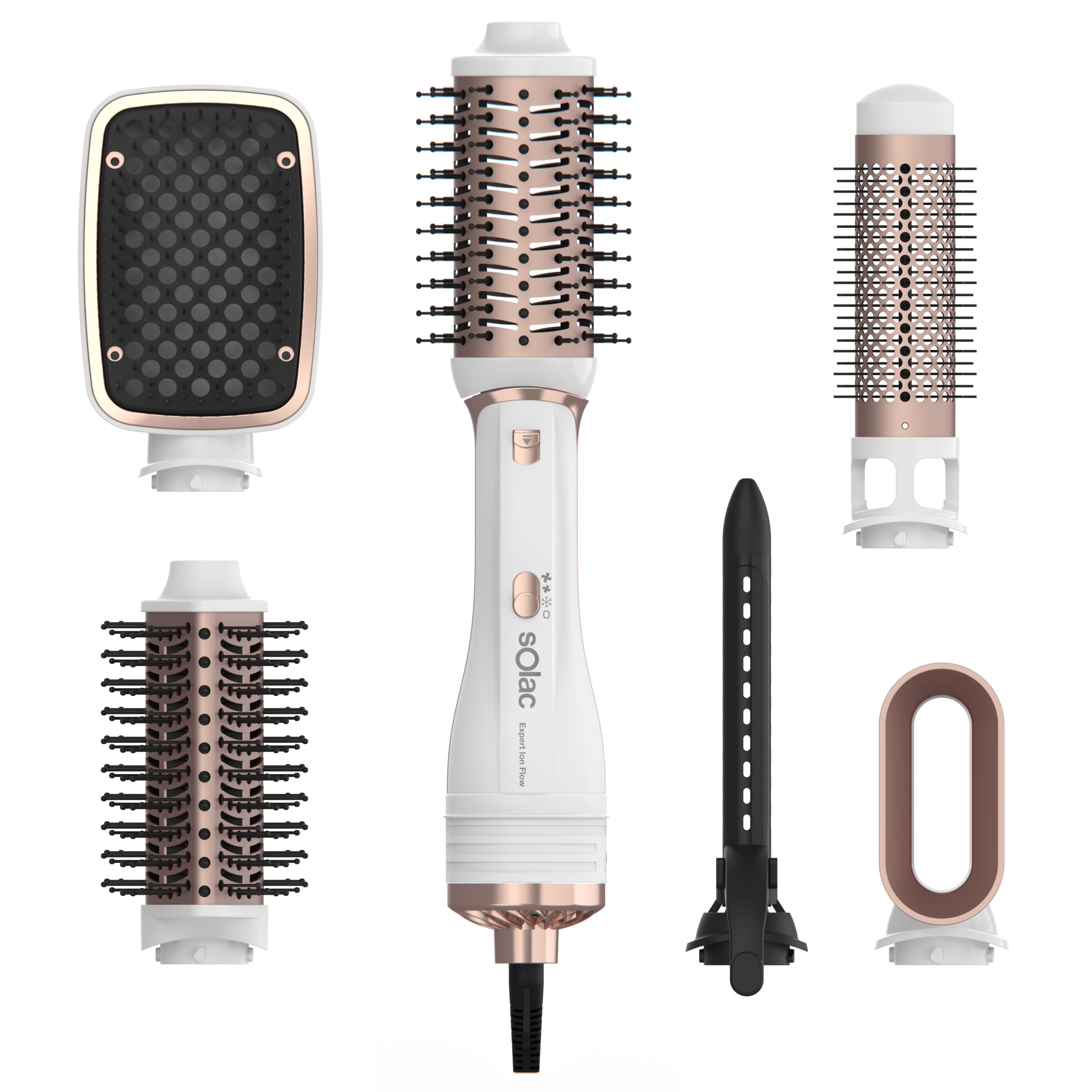 Solac - Moldeador de Pelo Expert Ion Flow, 6 en 1, 1200W, 6 Cabezales, Secador Alisador, Rizador, Cepillo Volumen y Ondas, 3 Velocidades y Temperatura, Antiencrespamiento