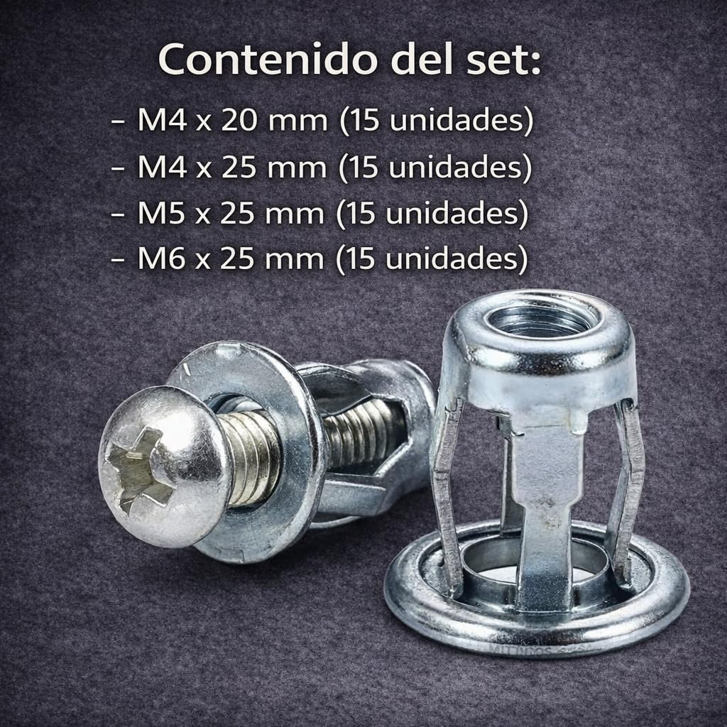 Set of 60 Petal Nuts with Screw M4, M5, M6 – Galvanised Steel Expansion Plugs for Drywall and Hollow Wall PUNTO ES LIGHTING