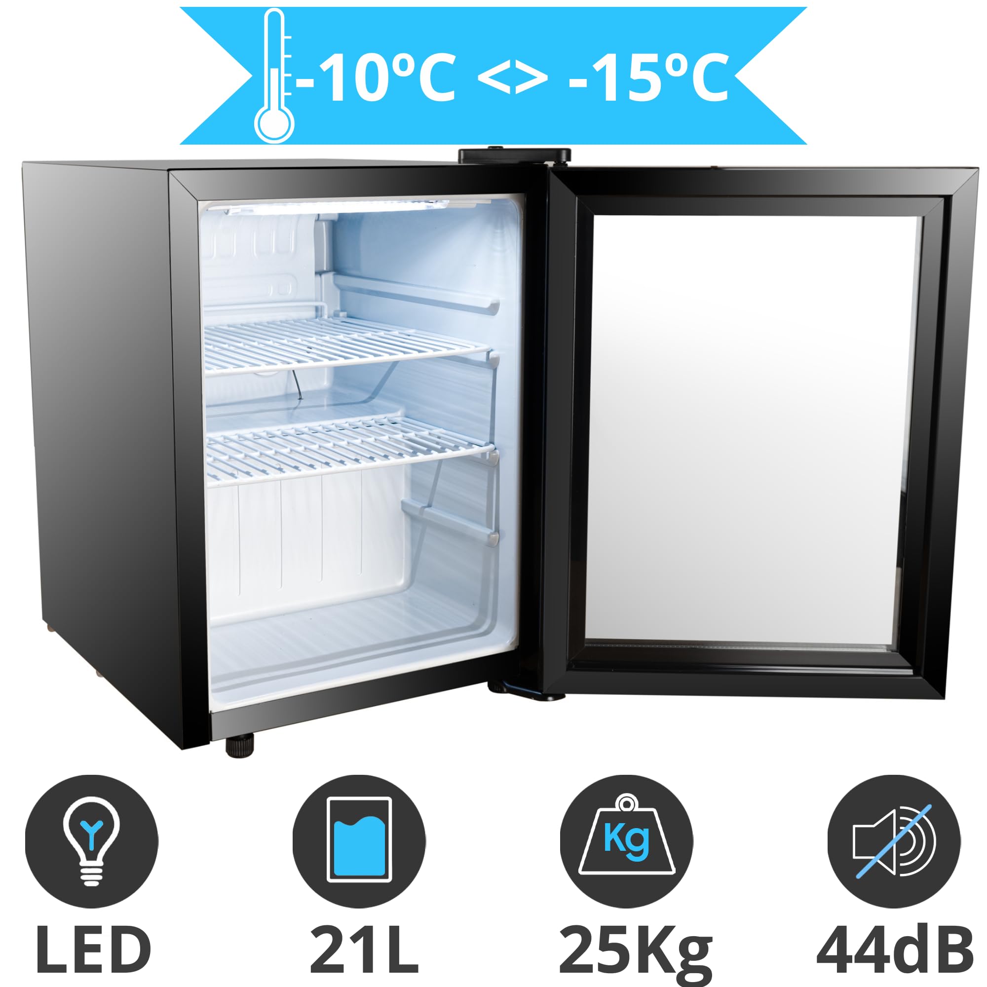 Mini Gefrierschrank klein mit Glastür (21 Liter). Kompakter Einbaugefrierschrank, ideal für kleine Küchen und Büros. Energieeffizienter mini tiefkühlschrank für unter der Theke.