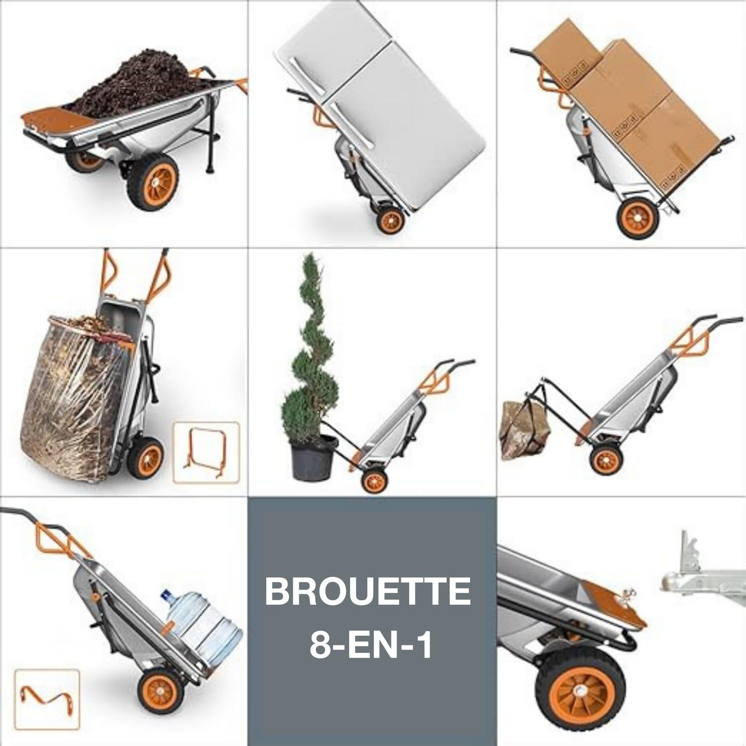 WORX Brouette Multifonction 8-en-1 WG050E | Se transforme en chariot, diable et porte-sac, capacité jusqu'à 136 kg