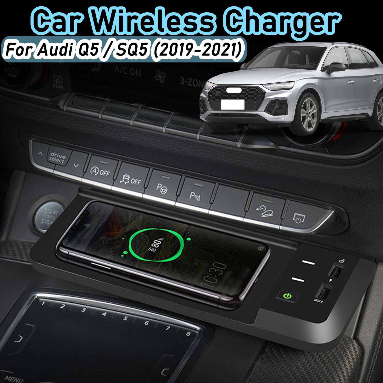 Caricabatterie Wireless per Auto per Q5/Sq5 Tutti i Modelli Accessorio con 15 W Wireless e USB Qc3.0 Ricarica Rapida Regalo per la Famiglia
