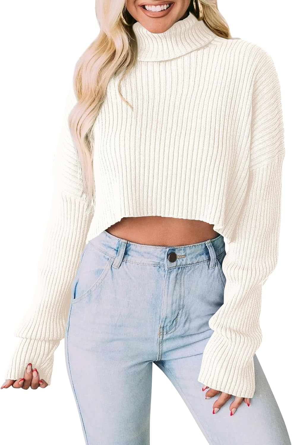 PRETTYGARDEN Women's 2025 Fall Winter Turtleneck Cropped Sweater Causal Ribbed Knit Long Sleeve Pullover Jumper Tops