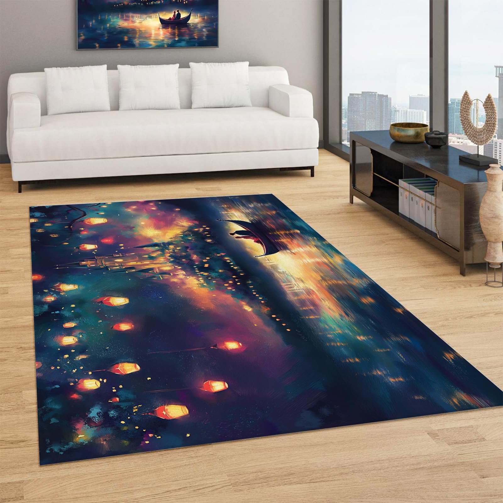 Tapis de chambre adulte design ville mer 200x300 cm pour une ambiance moderne et épurée