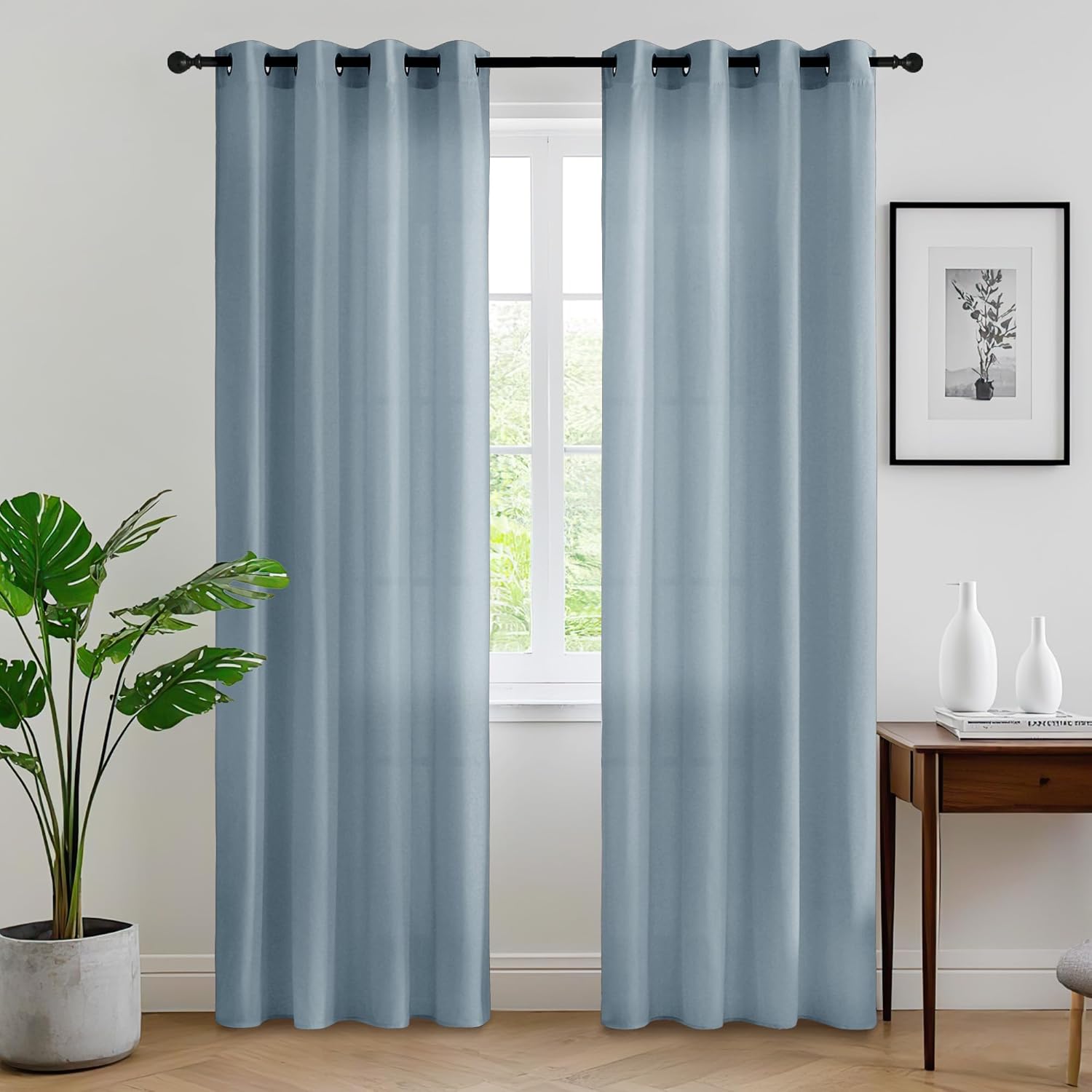 RYB HOME Non See Through Sheer Curtains 2 Panels, Stone Blue Privacy Sheer Curtains for Nursery Home Office, Light Filtering Drapes for Bedroom Living Room, 52" W x 72" L inches