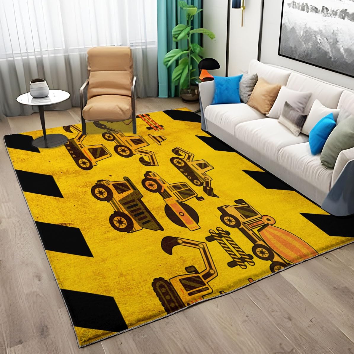 Tappeto Salotto 80 x 150cm Veicolo da costruzione dei cartoni animati Tappeti Camera da Letto, Rug Cucina Antiscivolo Lavabile per Tavolino da Salotto, Bagno, Tappeto Bambini Cameretta