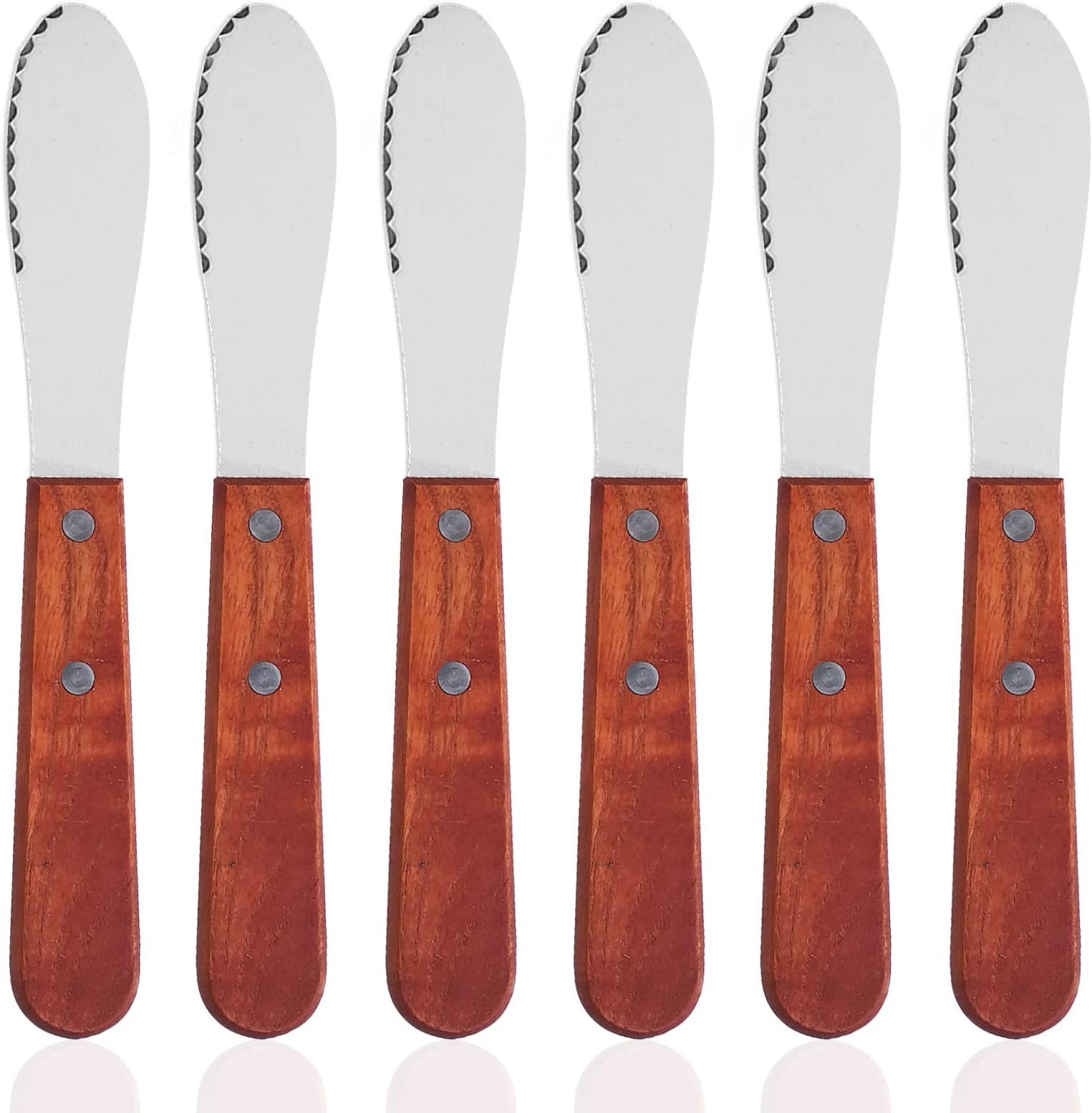 6 Pack Stainless Steel Straight Edge Wide Butter Spreader with Wood Handle, Sandwich Cream Cheese Condiment Knives 8 Inch