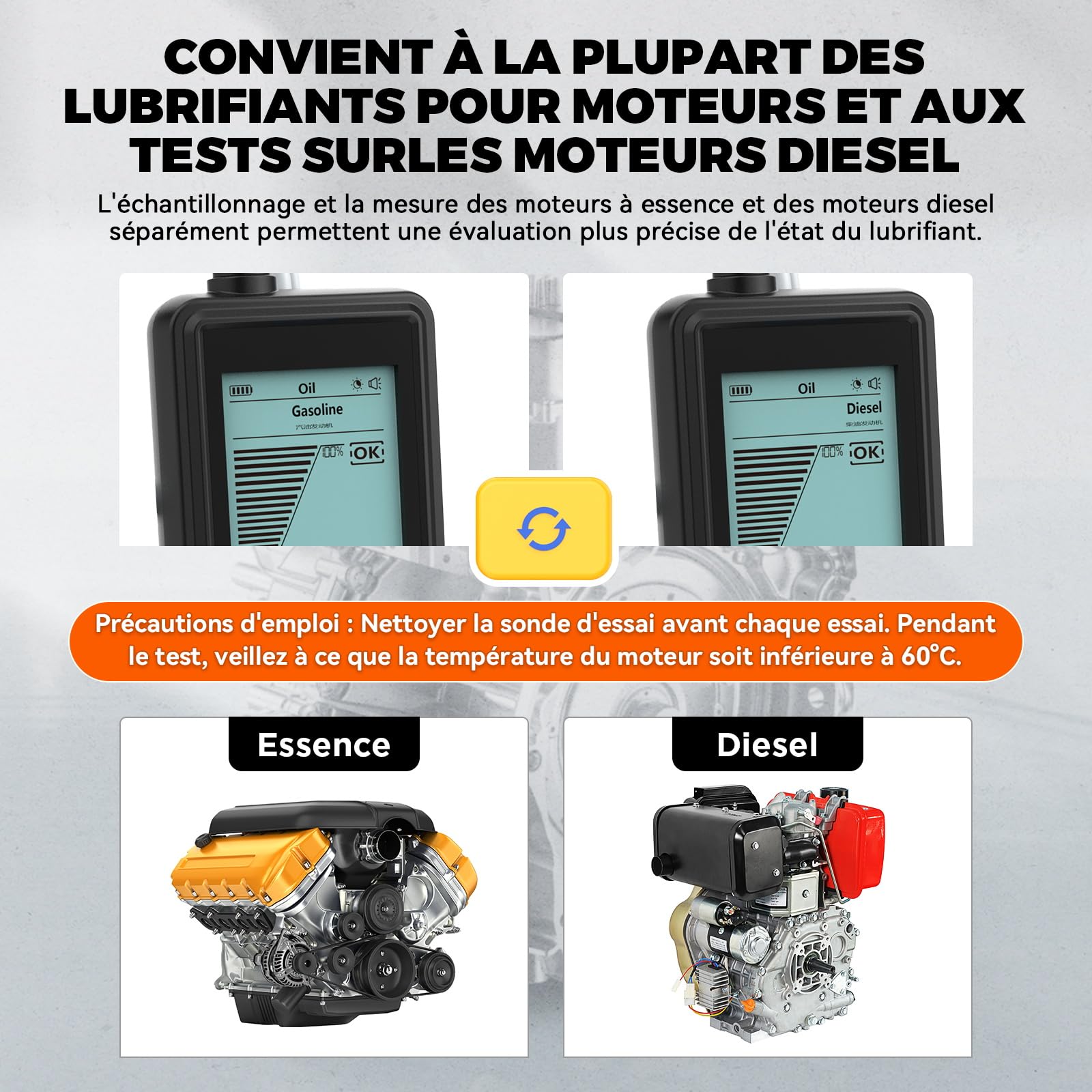 Testeur d'huile Moteur, Testeur de Qualité d'huile Moteur Essence et Diesel, Sonde Haute Précision, écran Rétroéclairé de 2,8 Pouces, Alertes Sonores