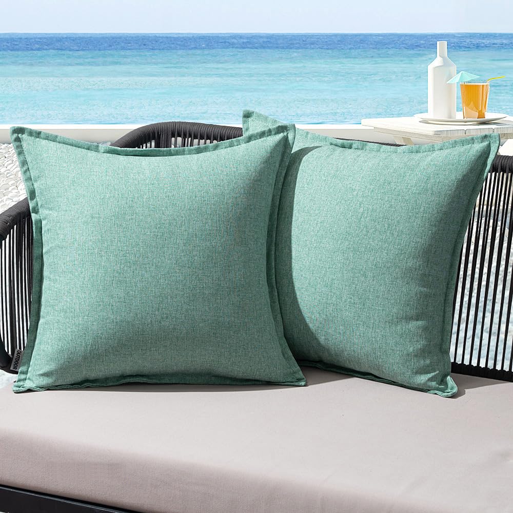 MIULEE Outdoor Kissen Wetterfest Kissenbezug Wasserdichter Dekorative Kissenbezüge Leinen-Optik Sofakissen Dekokissen für Garten Sofa Couch Wohnzimmer Schlafzimmer 2er Set 45x45cm Blau Grün