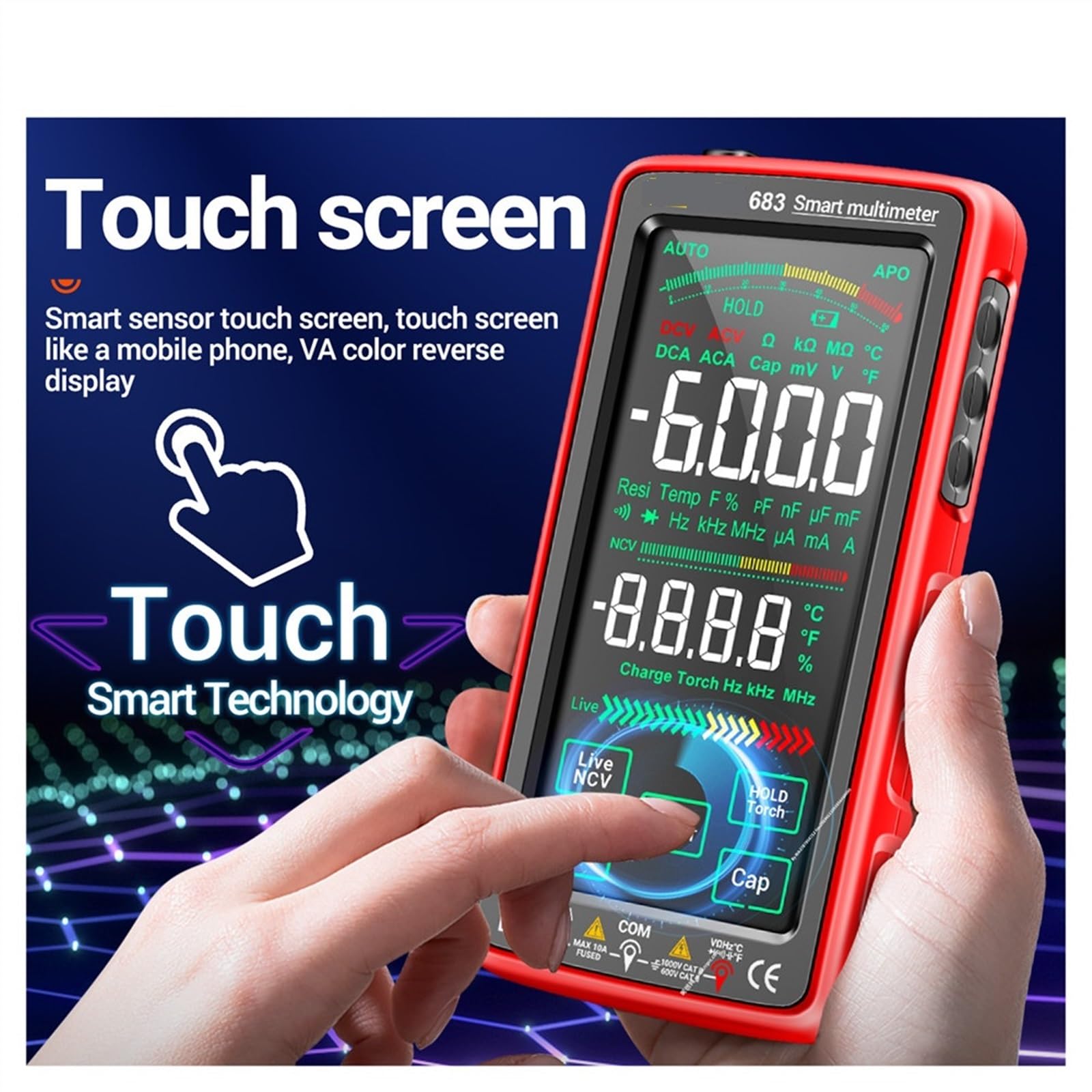 Wielu testerów 683 wysokiej klasy dotykowy inteligentny multimetr 6000 zliczeń Multimetro Test akumulatorowy multitester tester napięcia AC/DC aktualne narzędzie (Color : 683 Black)