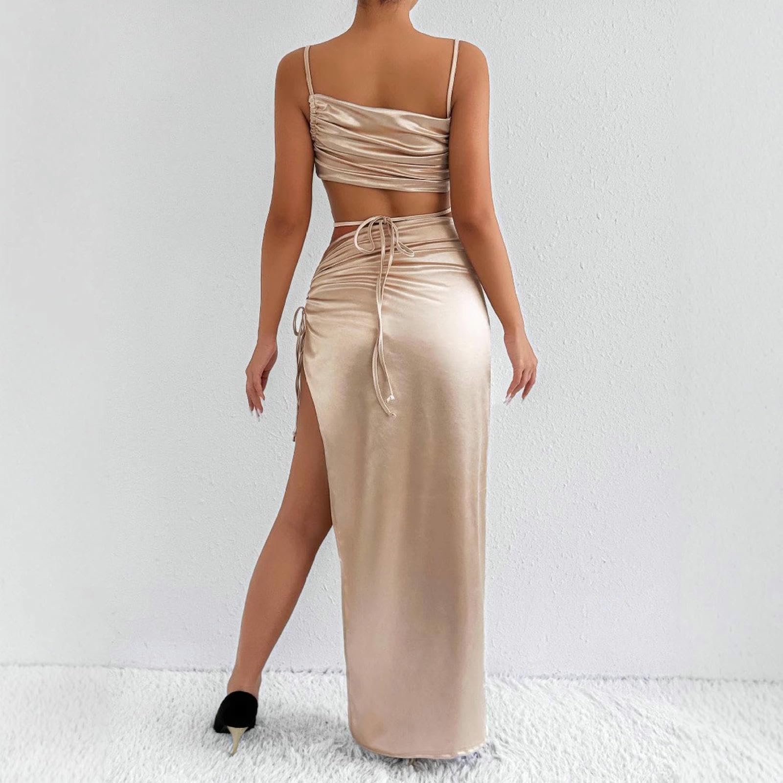 Elegancka sukienka damska, z rozcięciem, spaghetti, z paskami, modna, bez ramiączek, sukienka maxi, jedwabna, wysoka talia, kolor morski - l