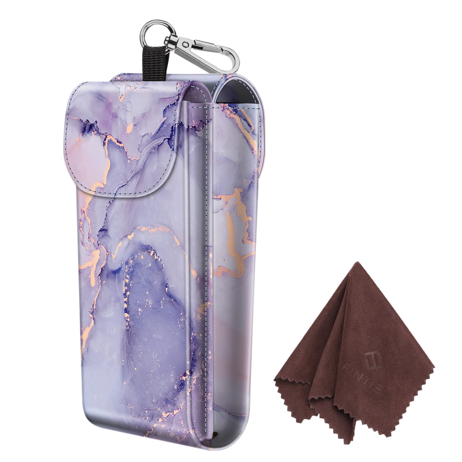 FINTIE Double Glasses Case with Carabiner Hook, Portable Vegan Leather Eyeglass Case Anti-scratch Sunglasses Pouch, Lilac Marble, Large