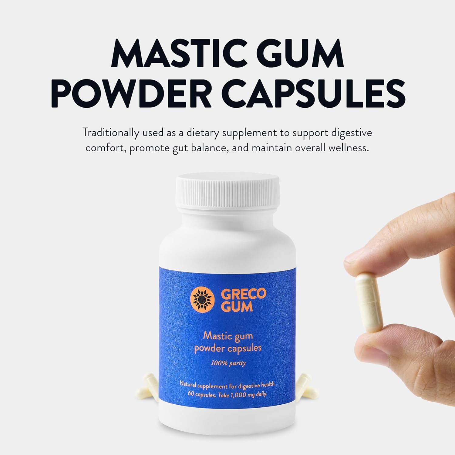 Mastic Gum Capsules 500 mg – Greek Chios Mastiha Supplement for Gut Health, Digestive Support and Bloating Relief – Pure Mastic Gum Powder – Vegan, Gluten-Free, No Fillers – 60 Count