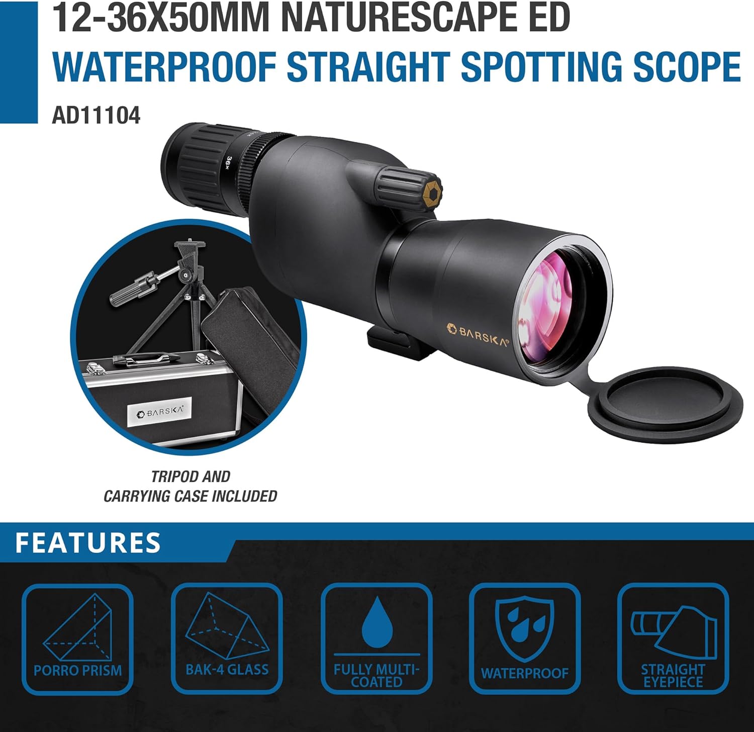 BARSKA Naturescape 12-36x50 Straight Spotting Scope with Tripod And Premium Hard Case