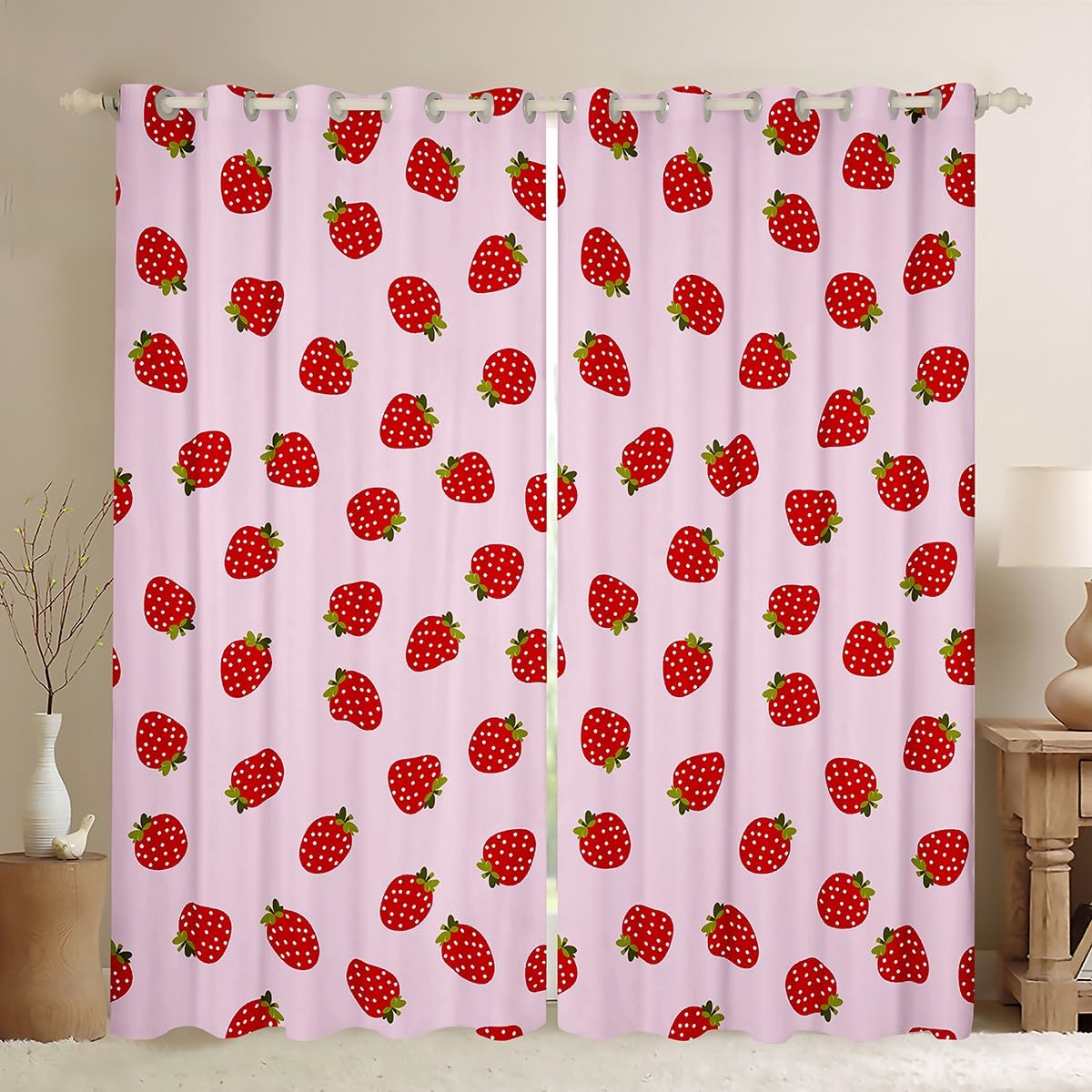 Feelyou Strawberry Curtain for Bedroom Living Room Girls Pink Cute Fruit Print Darkending Curtain Kawaii Room Decor Strawberries Window Drapes