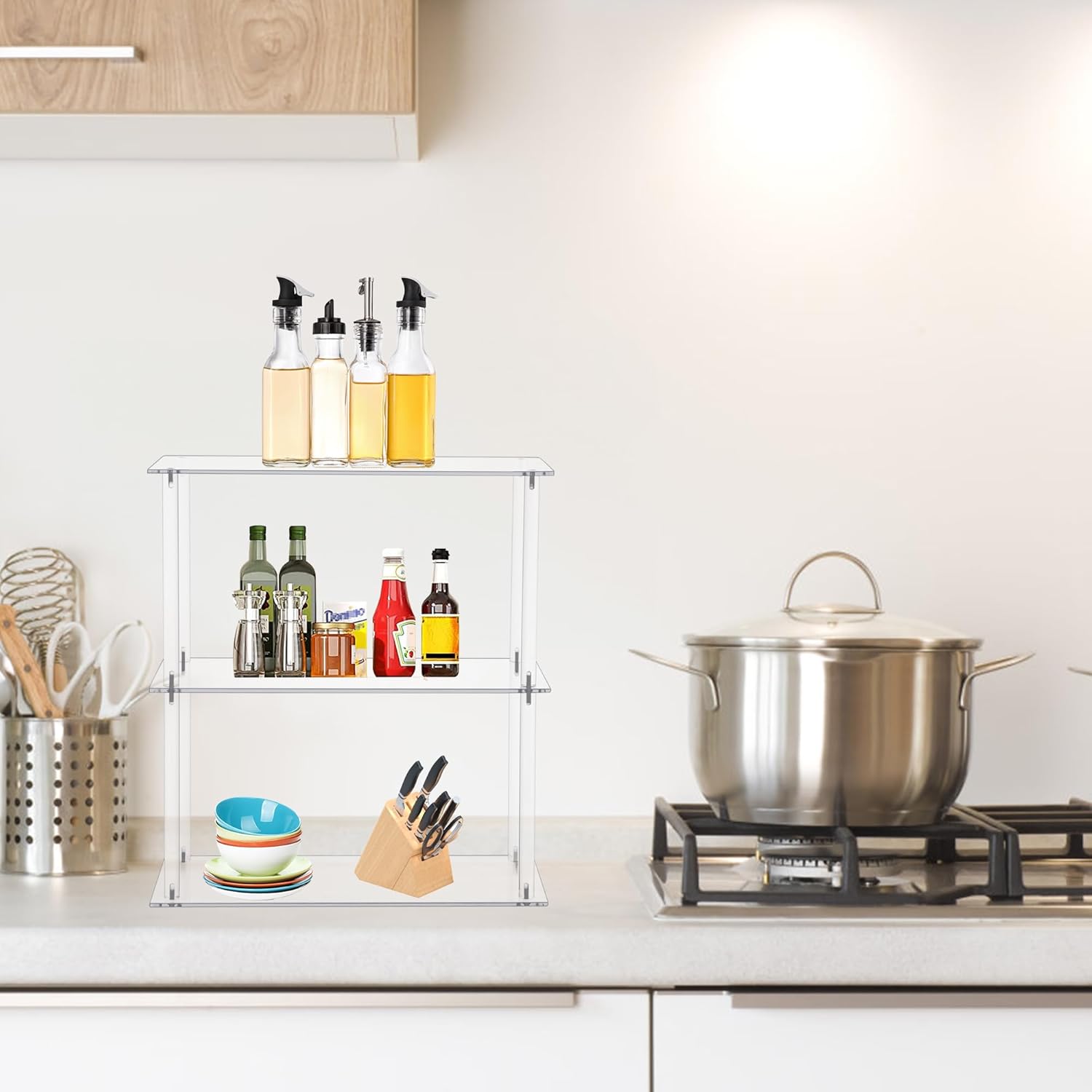 Jusalpha Rectangular 3 Tier Clear Acrylic Tabletop Display Stand，Bathroom Vanity Cosmetic Makeup Organization Shelves, Home Decor Display Stand (3 Tier, Rectangular)