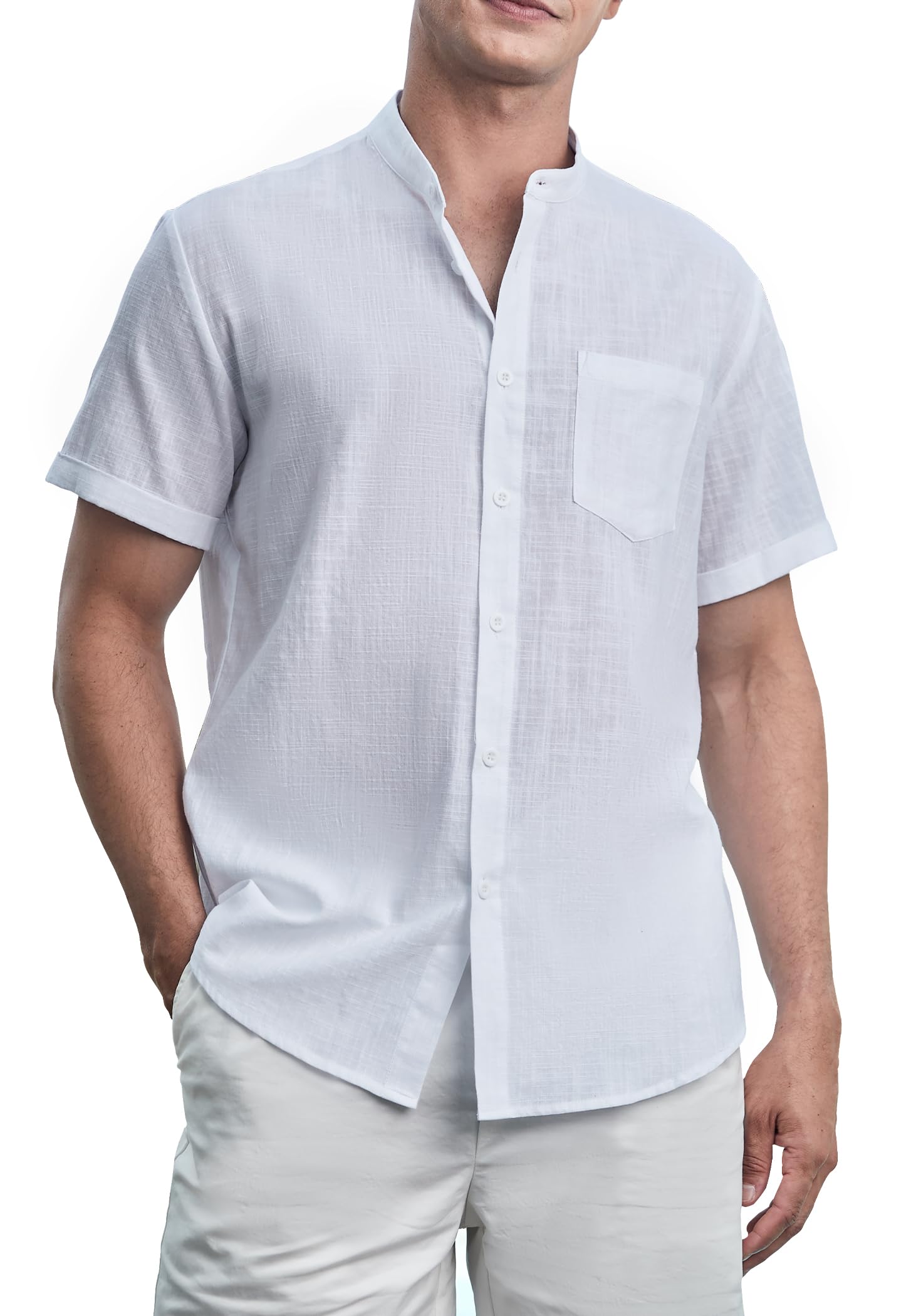 Enlision Camisa de Lino Manga Corta Camisa para Hombre Informales Sin Cuello Verano Henley Camisas Coton de Color Sólido con Botónes Bolsillo Playa Boda S-4XL