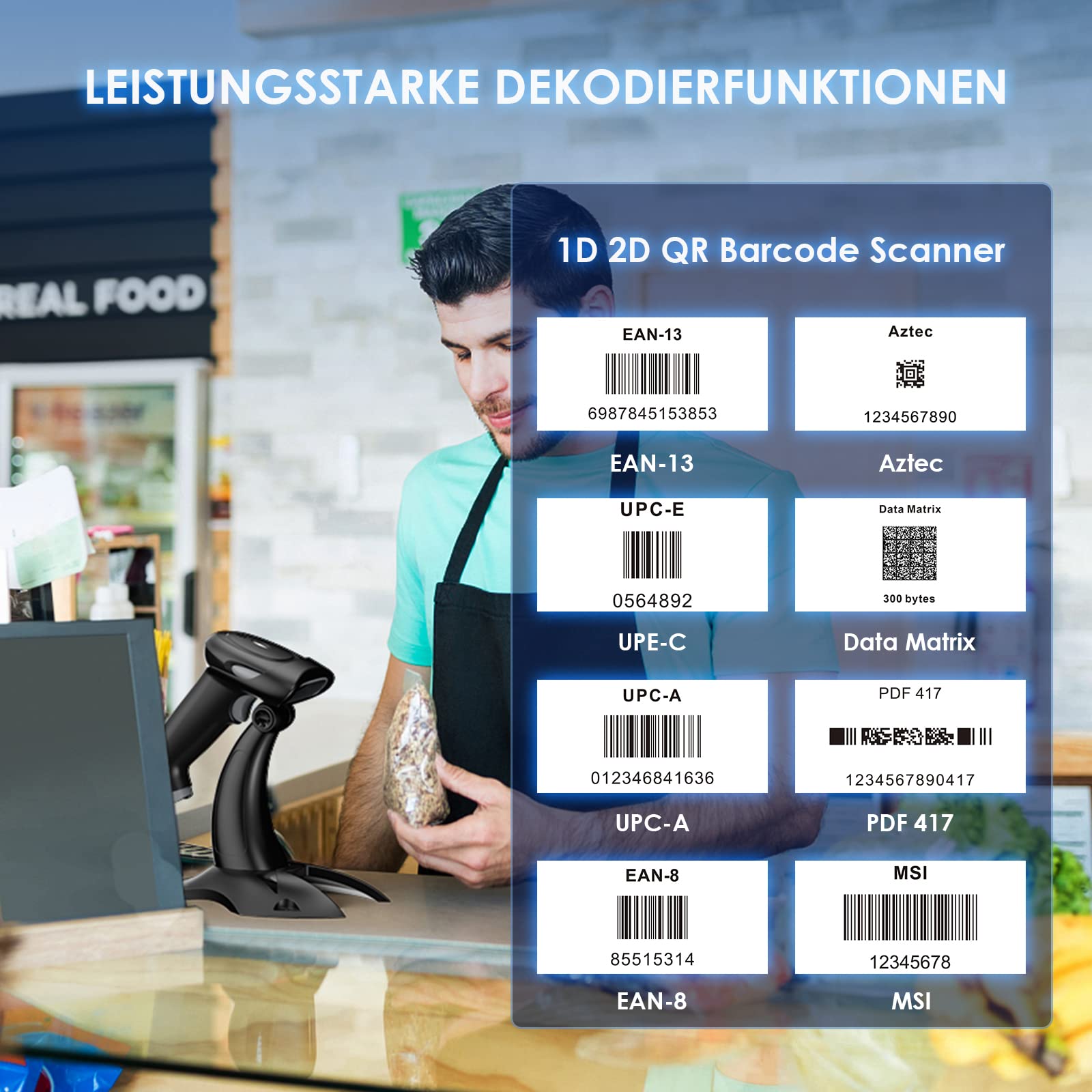 Eyoyo Barcode Scanner 1D 2D QR Handheld, Scanner 3 in 1 Connection Type Bluetooth 2.4G Wireless USB Cable, Barcode Reader,Compatible with Windows, Android, iOS, Tablets or Computer (EY-034 with Stand)