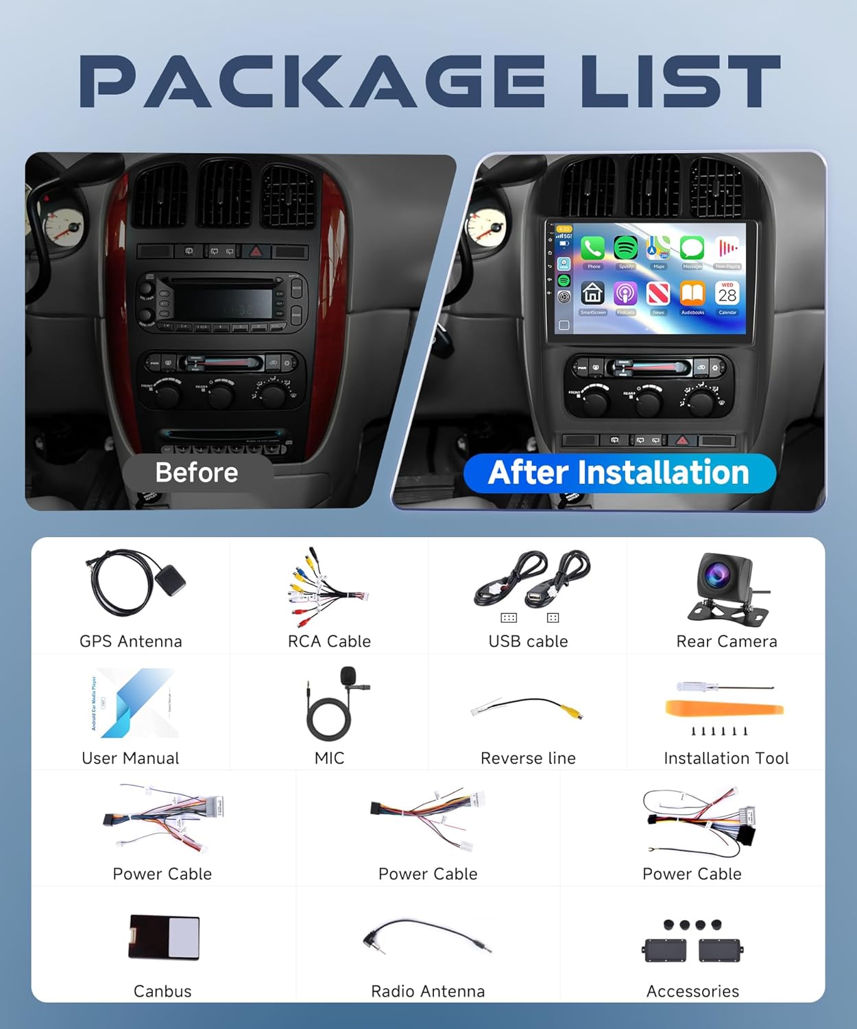 4G+64G Android Car Stereo for Dodge Caravan Chrysler Town & Country 2001-2007 Wireless Carplay Android Auto, 10.1’’ Rimoody Touchscreen Car Radio Bluetooth GPS WiFi FM/RDS DSP Backup Camera SWC