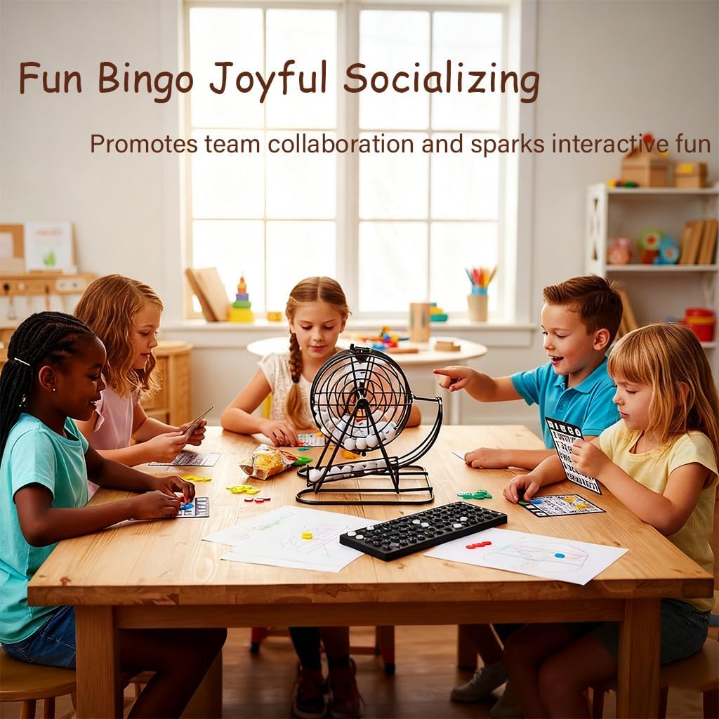 Bingo Cage Game Set for Adults and Youths，Premium Bingo Set includes 8inch rotating metal cage, 75 bingo balls, 18 cards, 150 chips, and foldable main board. Ideal for family bingo and parties