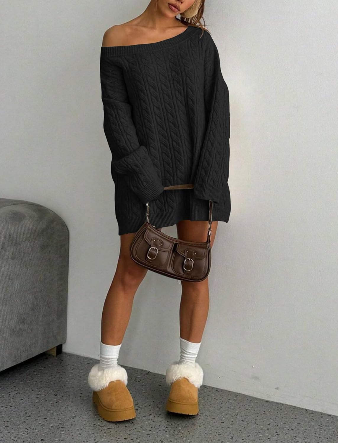 ZAFUL Women's Oversized Sweaters Cable Knit Casual Long Sleeve Crew Neck Sweaters Fall Winter Pullover Sweater 2025 Black S - Image 3