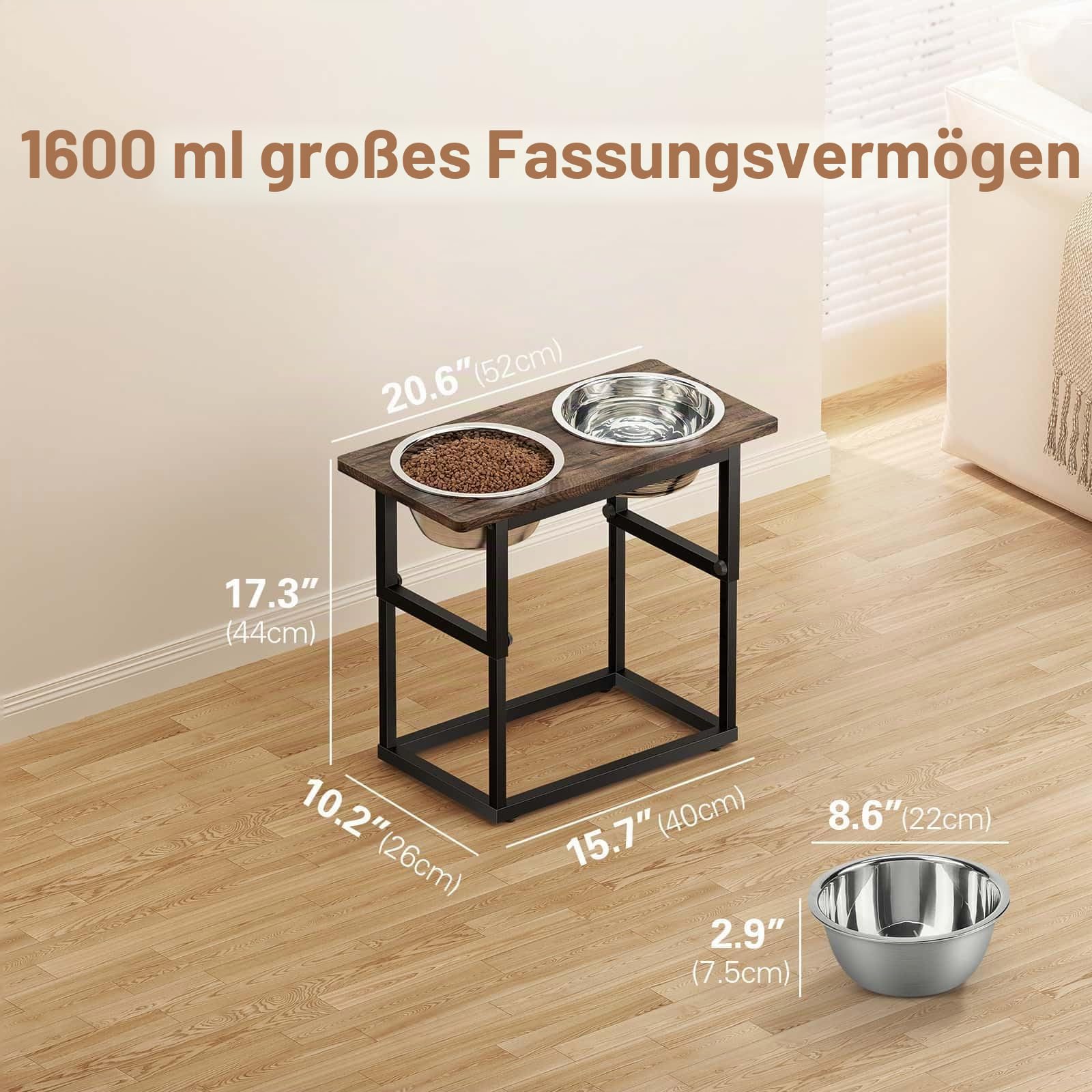 Zarler Erhöhte Hundennäpfe für Große Hunde, 5 einstellbare Höhen von 8.2'' - 17.3'', 2 Edelstahlnäpfe, 8.2'',11.8'',13.7'',15.7'',17.3'' Futterstation Hund für Großrassenhunde