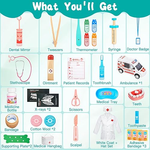 Miniatura 7 de Anpro Kit médico para niños  34 piezas de madera para niños, juego de doctor con bolsa de almacenamiento para médico, juego de simulación de médico