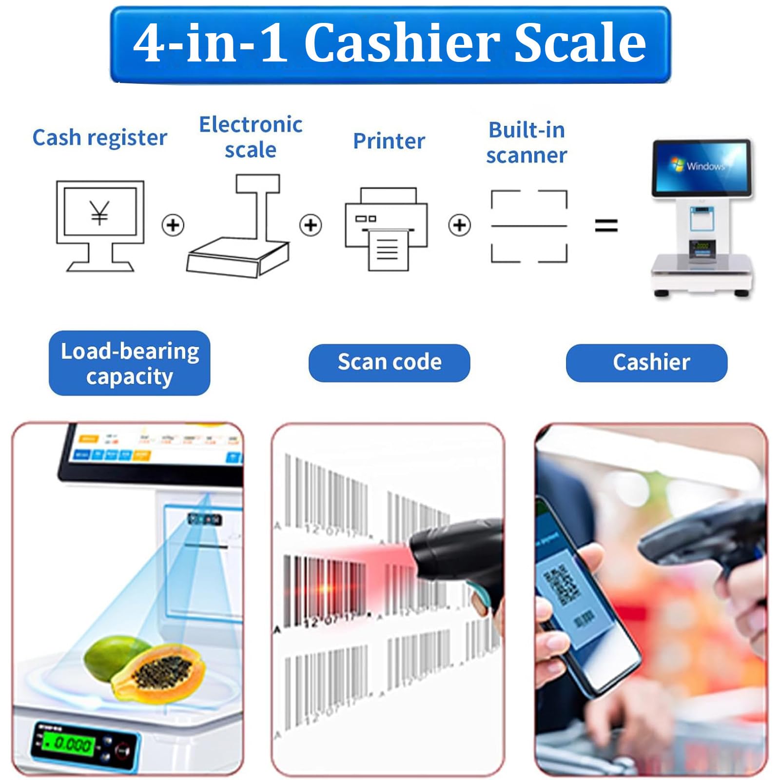 Caja registradora con sis-Tema TPV, Caja registradora Inteligente Todo en uno con IA para pequeñas Empresas, con cajón portamonedas y escáner de código de Barras. Singlescreen