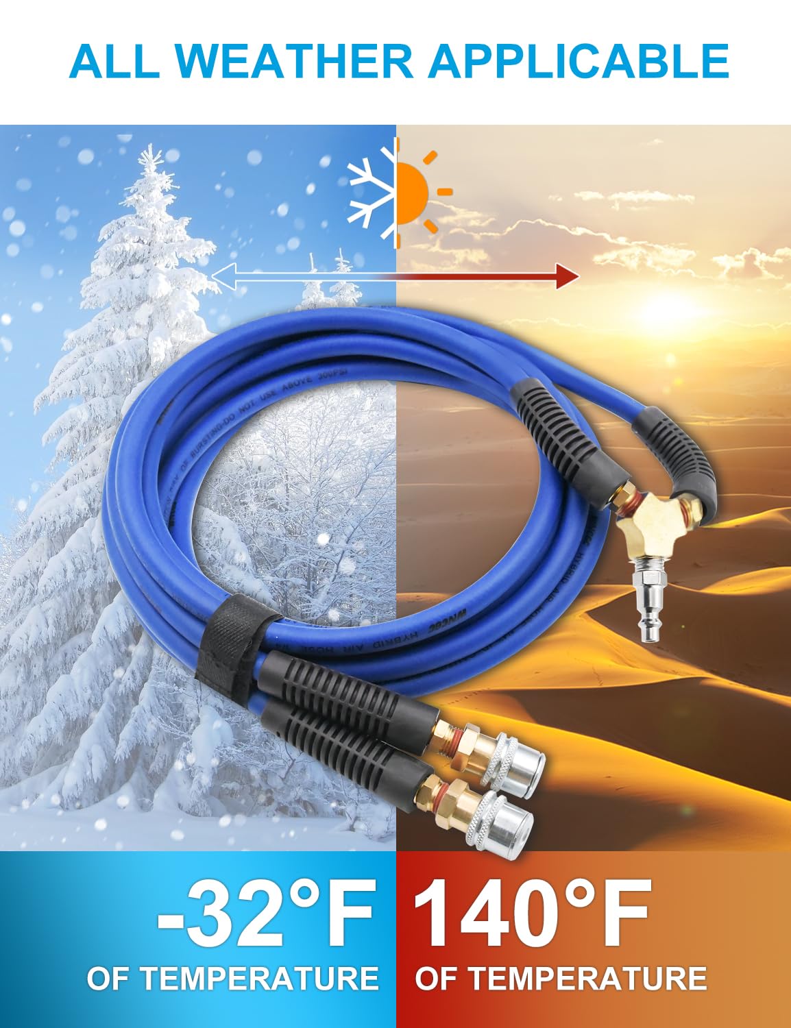 Manguera de inflado de neumáticos de 2 vías de 1/4 pulgadas x 8.2 pies, manguera de compresor de aire resistente con accesorios de acoplador rápido industrial de 1/4 pulgadas, 300 PSI