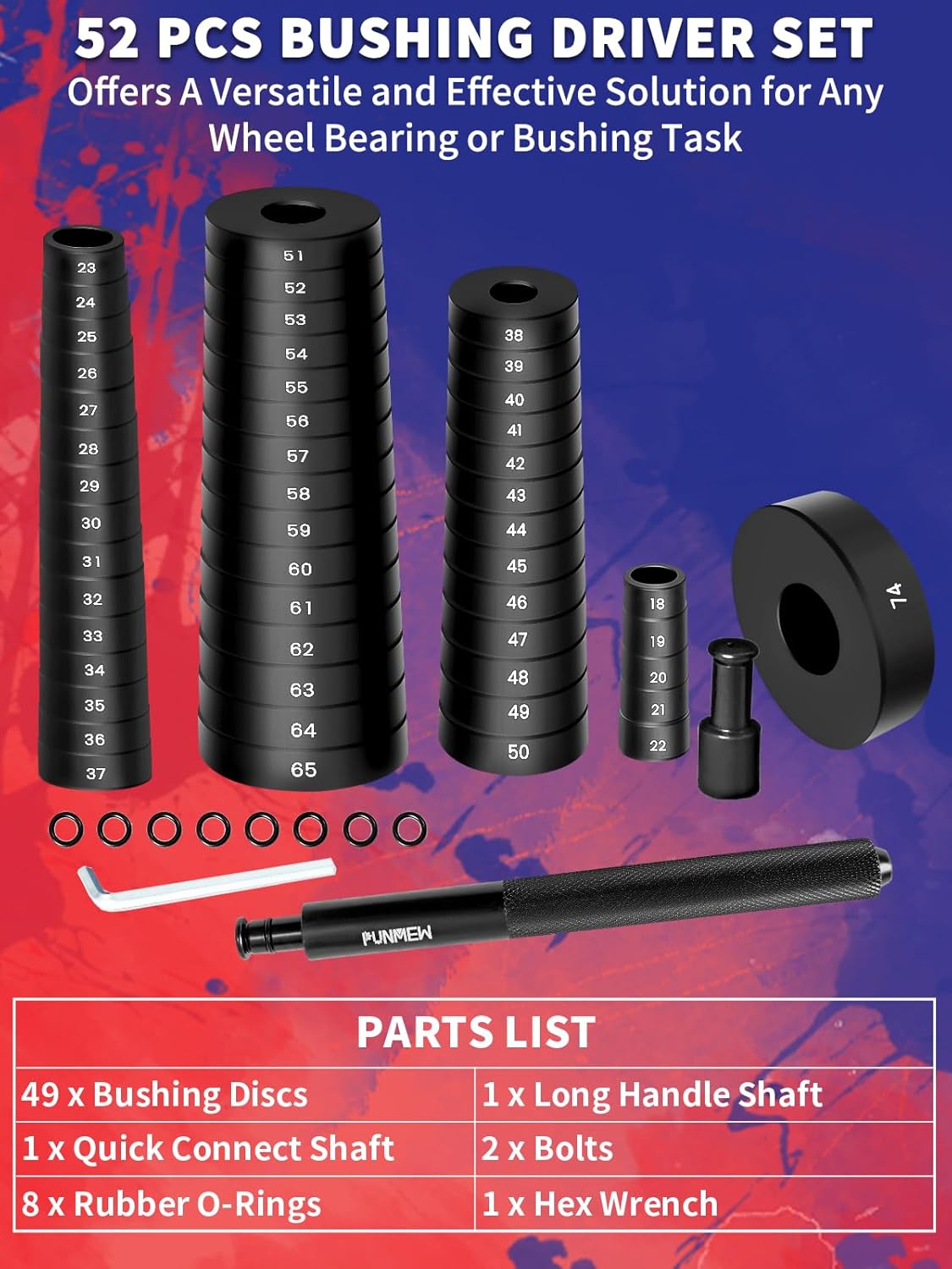 52-in-1 Custom Bushing Driver Set 18mm - 65mm Transmission Wheel Axle Bearing Race Seal Installer Bushing Press Kit Custom Bearing Race and Seal Driver Set