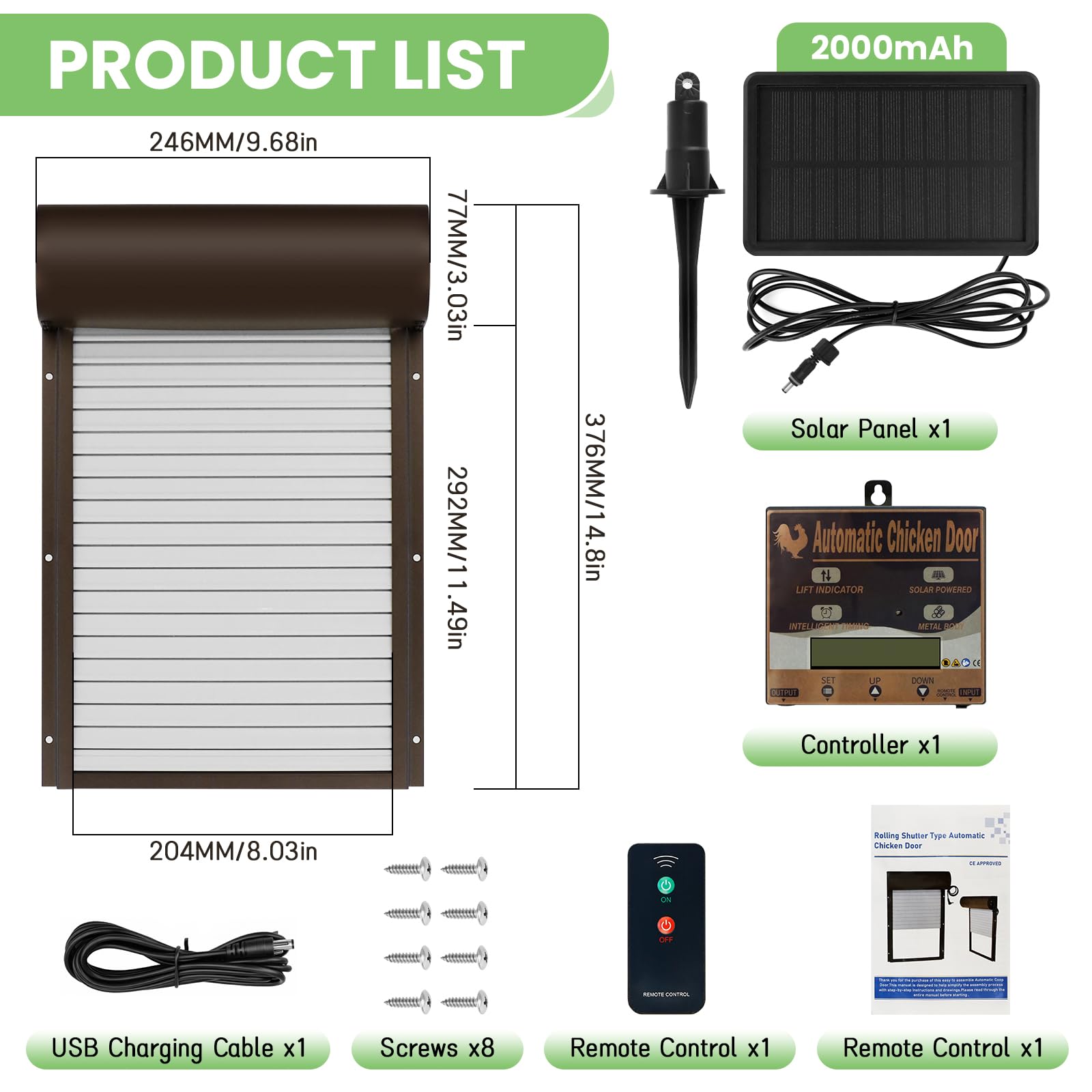 Batería automática de gallina, Puerta de Pollo eléctrica automática | con temporizador, panel solar, mando a distancia, manual, protección inteligente contra pellizcos