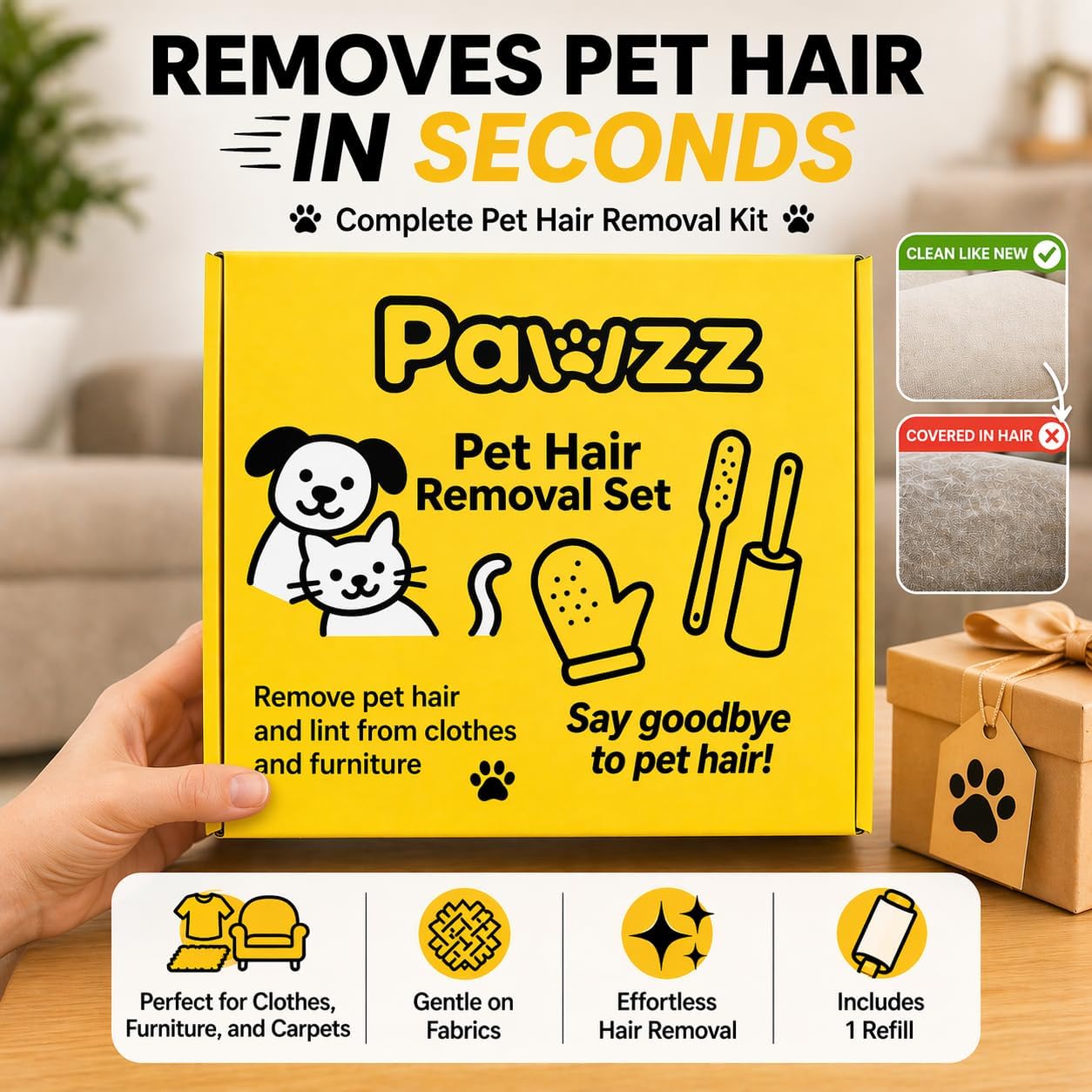 2 PCS PAWZZ Pet Hair Removal Glove for Dogs & Cats, Great for Deshedding & Removing Fur from Couch, Carpet, Car Seats & Clothing, with Bonus Lint Roller