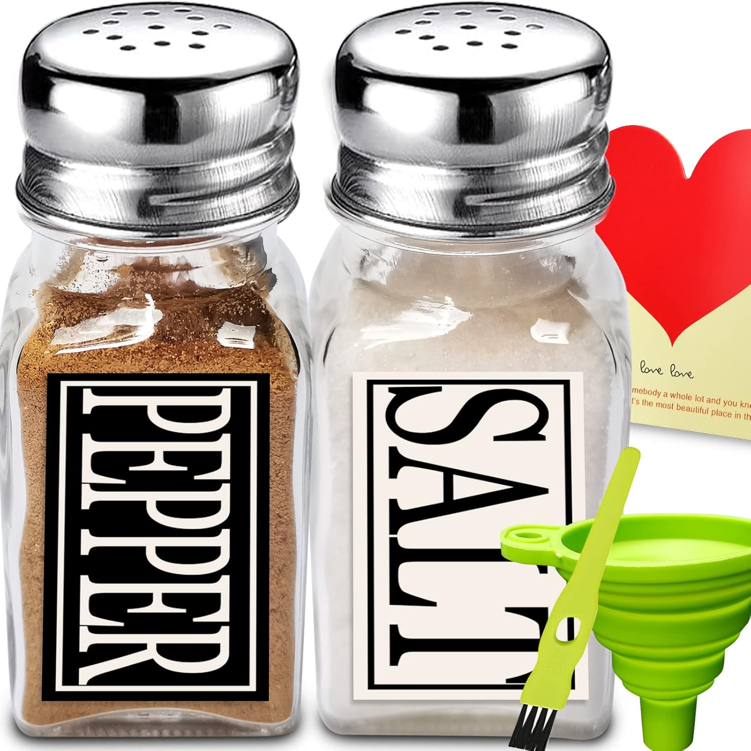 Clear Glass Salt and Pepper Shakers Set ,Cute Farmhouse Pepper and Salt Shaker Sets with Stainless Steel Lids and "Salt" and "Pepper" font label (B+W) : Everything Else
