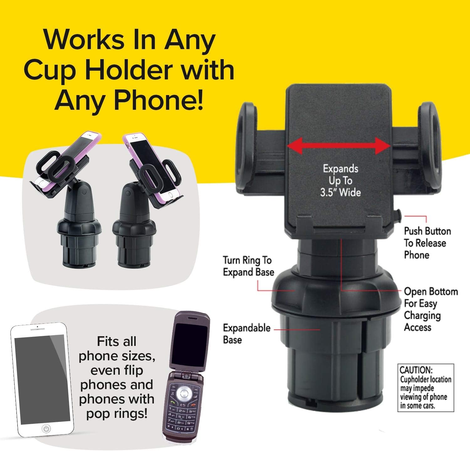 BulbHead Official As Seen On TV Cup Call Cup Holder Phone Mount for Car Adjustable Cell Phone Holder Fits Any Phone in Any Cup Holder - Rotates 360°, Tilts & Moves Left or Right